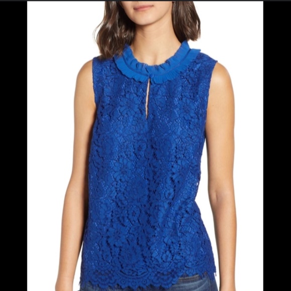 J. Crew Lace Ruffle Neck Sleeveless Top  Blue Size XS Tall - Picture 6 of 6